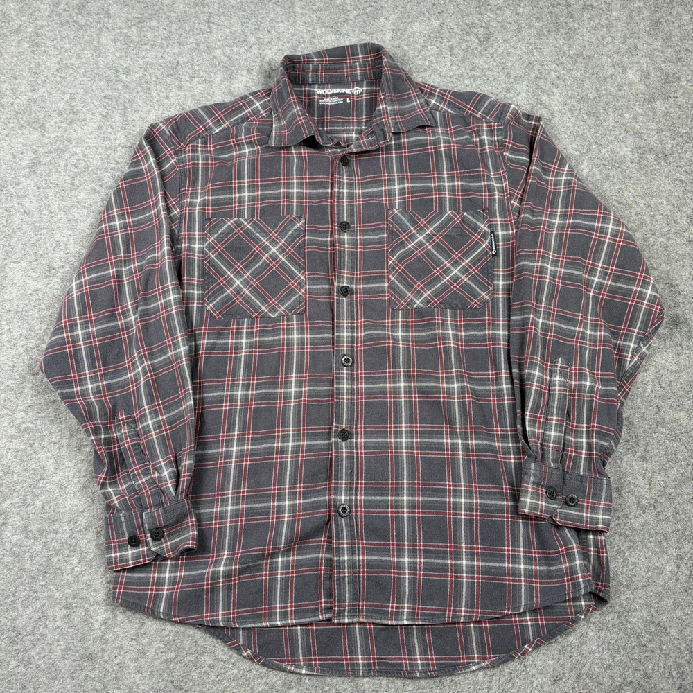 Wolverine Button Down Shirt Mens Large Grey Red Plaid Flannel Utility Workwear